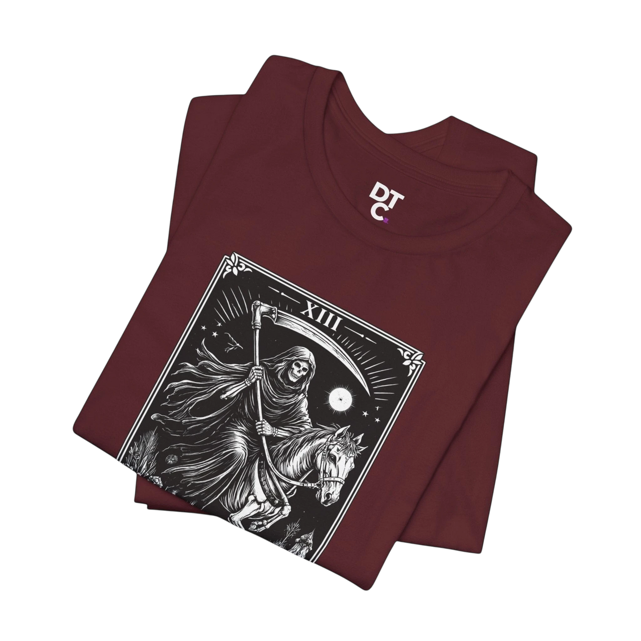 DailyThreadCo. maroon cotton t-shirt with a monochrome Death Tarot card graphic featuring a skeleton on horseback and a scythe.