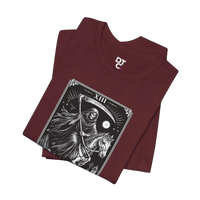 DailyThreadCo. maroon cotton t-shirt with a monochrome Death Tarot card graphic featuring a skeleton on horseback and a scythe.
