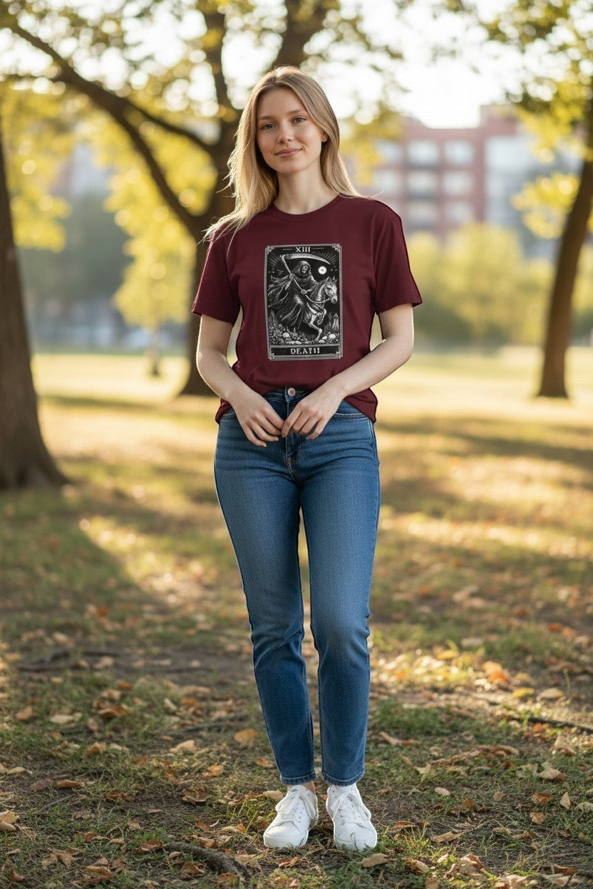 DailyThreadCo. maroon 100% cotton t-shirt with a monochrome Death Tarot card graphic print.