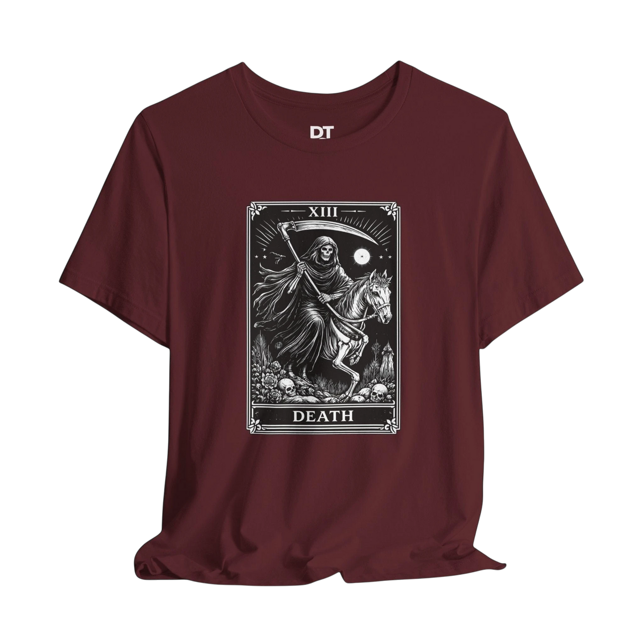 DailyThreadCo. maroon cotton t-shirt with a black and white Death Tarot card graphic. Features a skeleton on a horse with a scythe.