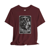 DailyThreadCo. maroon cotton t-shirt with a black and white Death Tarot card graphic. Features a skeleton on a horse with a scythe.
