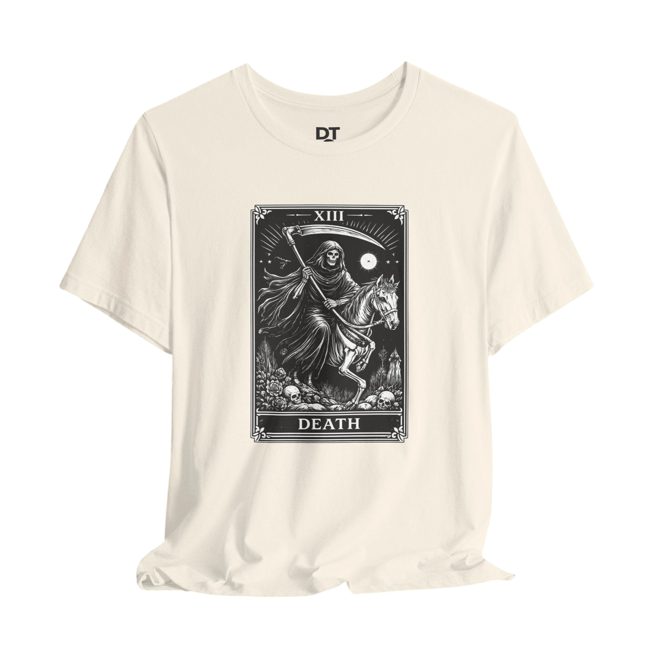 DailyThreadCo. cream 100% cotton t-shirt with Death Tarot card graphic print, featuring a skeleton on horseback.