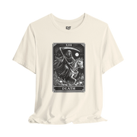 DailyThreadCo. cream 100% cotton t-shirt with Death Tarot card graphic print, featuring a skeleton on horseback.