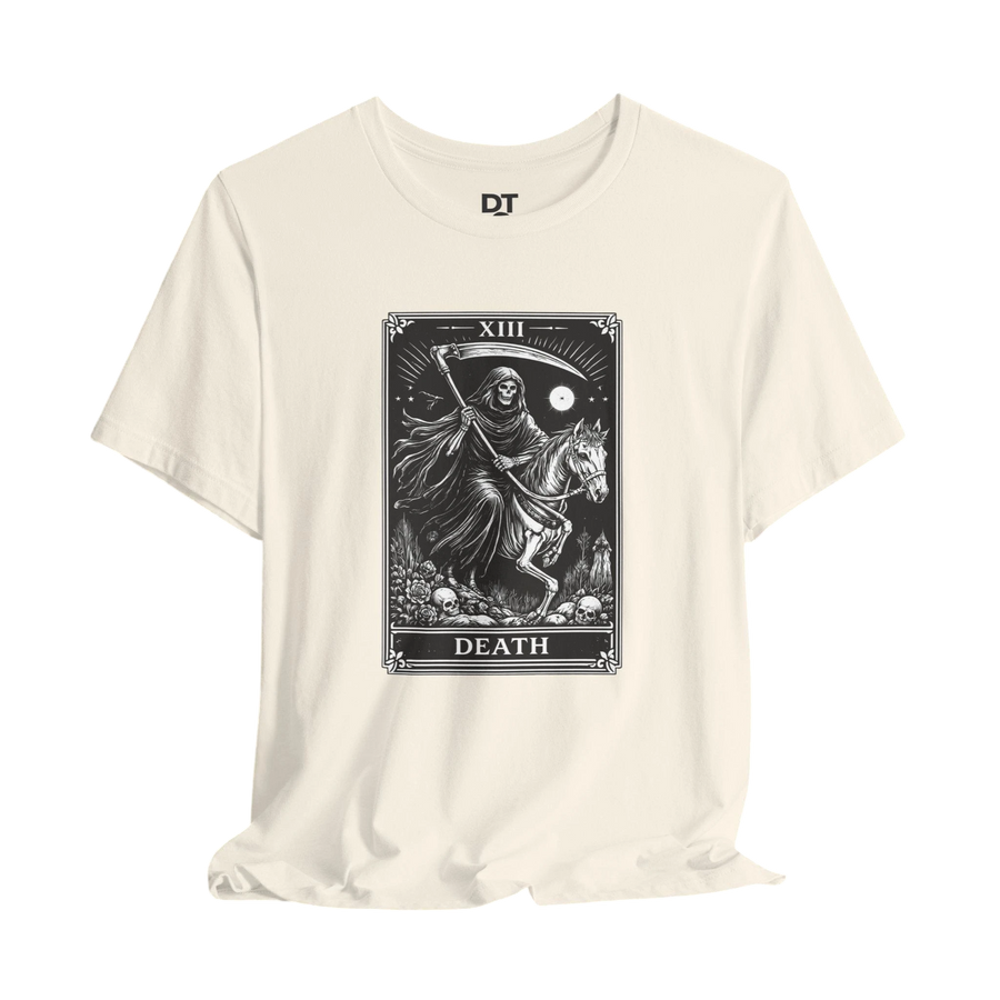DailyThreadCo. cream 100% cotton t-shirt with Death Tarot card graphic print, featuring a skeleton on horseback.