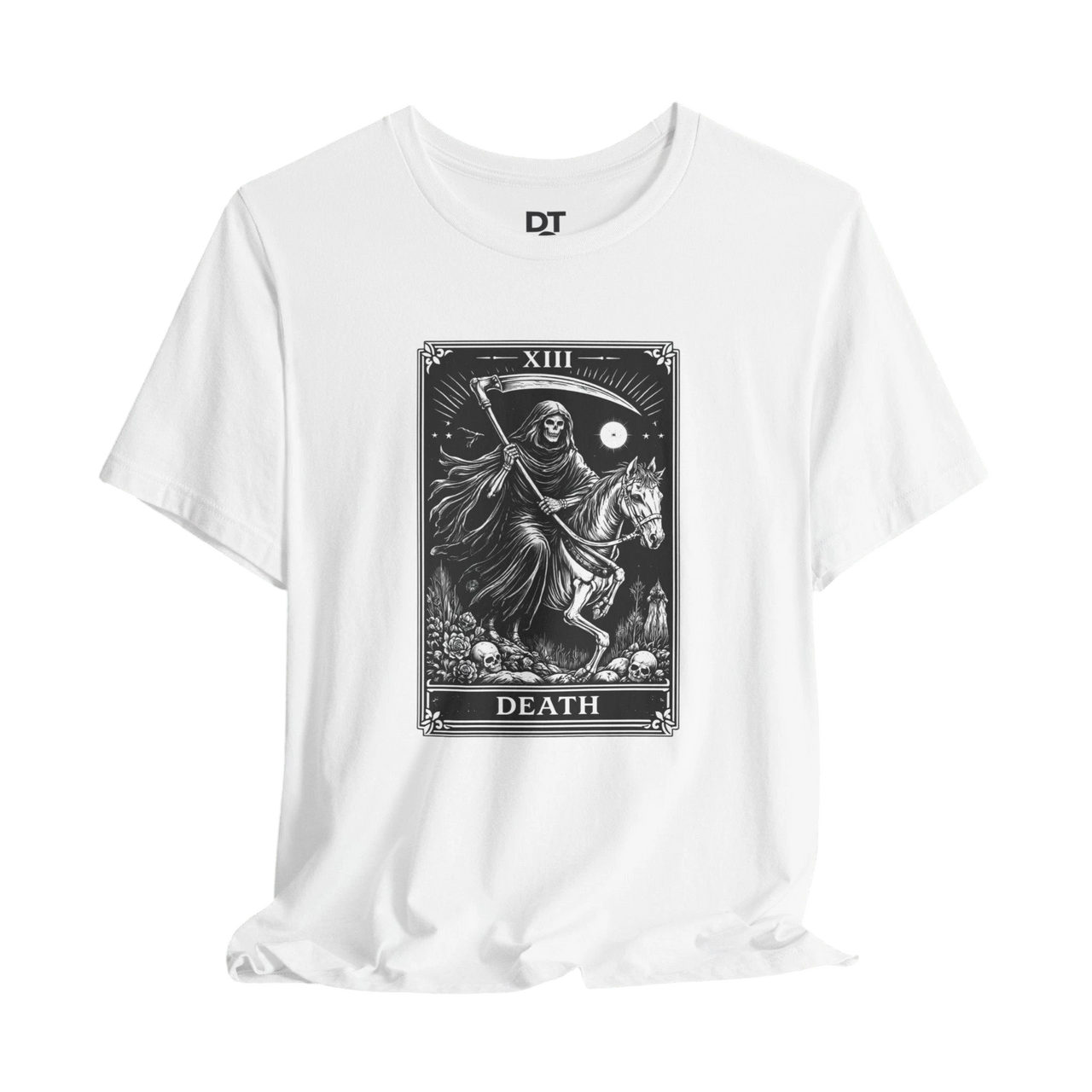 DailyThreadCo. white 100% cotton t-shirt with a monochrome Death Tarot card graphic featuring a skeleton on horseback, scythe, moon, and skulls.
