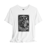 DailyThreadCo. white 100% cotton t-shirt with a monochrome Death Tarot card graphic featuring a skeleton on horseback, scythe, moon, and skulls.