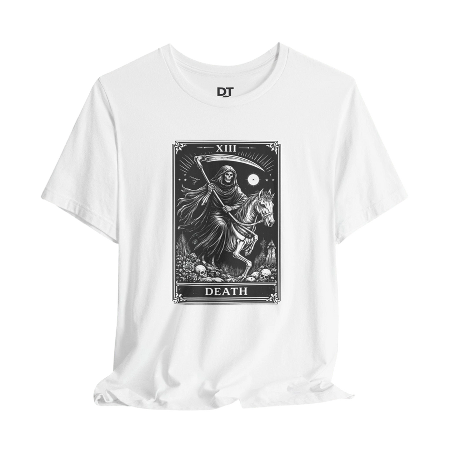DailyThreadCo. white 100% cotton t-shirt with a monochrome Death Tarot card graphic featuring a skeleton on horseback, scythe, moon, and skulls.