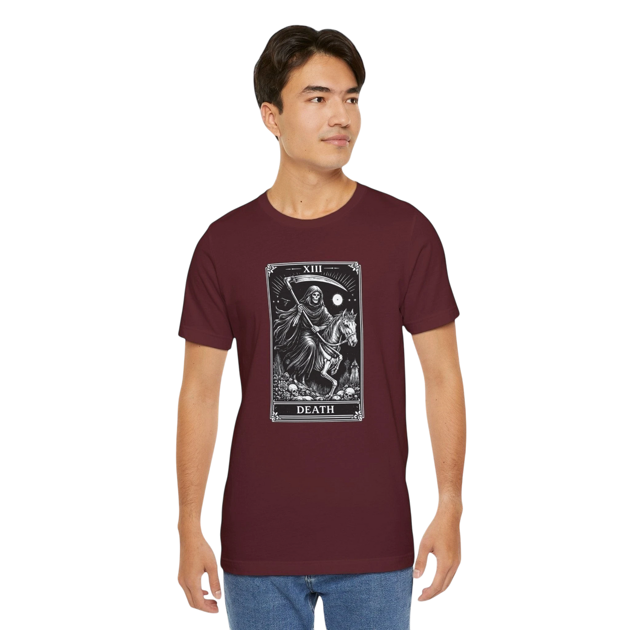 DailyThreadCo. maroon 100% cotton t-shirt with a black and white Death Tarot card graphic on the front.