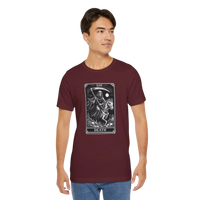 DailyThreadCo. maroon 100% cotton t-shirt with a black and white Death Tarot card graphic on the front.