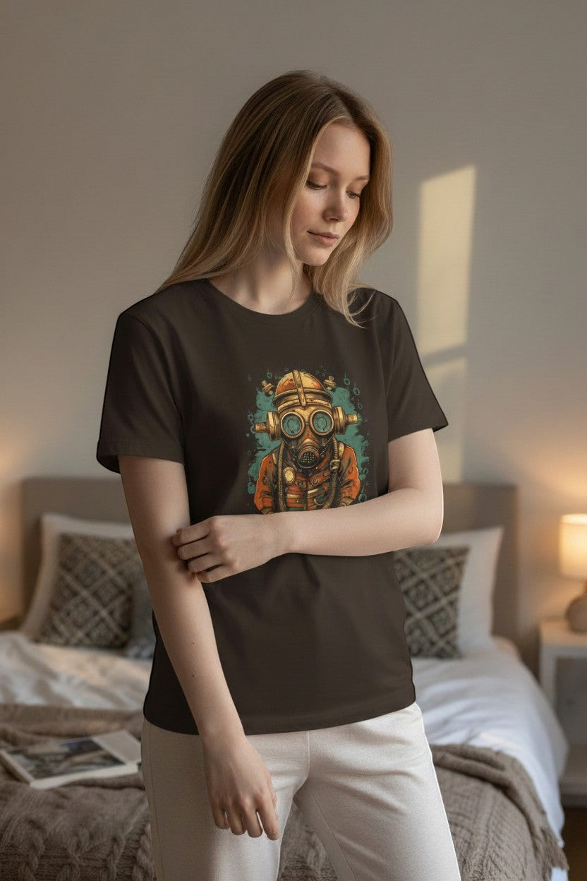 DailyThreadCo. brown 100% cotton t-shirt with vintage diver mask steampunk graphic print.
