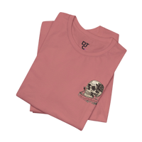 DailyThreadCo. dusty rose 100% cotton graphic tee with skull and rose artwork on the chest.