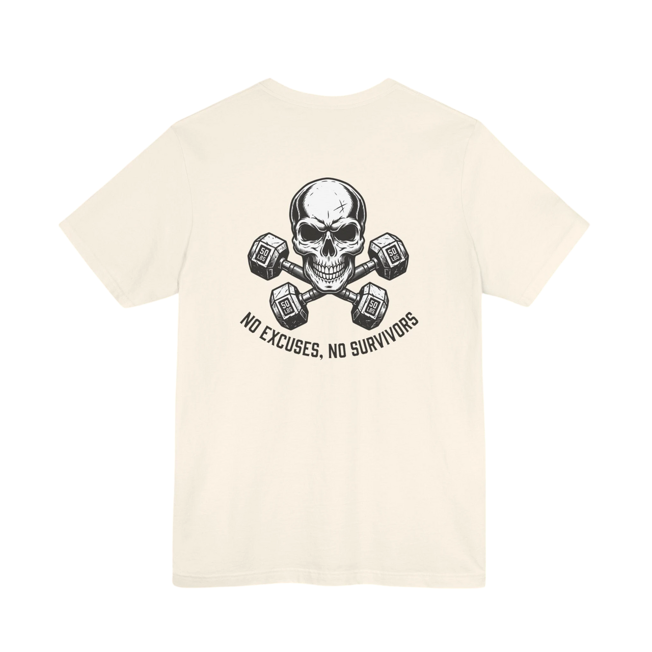 DailyThreadCo. cream 100% Airlume cotton t-shirt with skull and dumbbells graphic and "No Excuses, No Survivors" text.