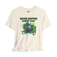 DailyThreadCo. cream cotton t-shirt with a graphic print of a muscular pigeon on a green park bench. Text reads 