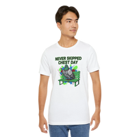 DailyThreadCo. white cotton t-shirt with a graphic of a muscular pigeon sitting on a park bench with colorful paint splatters and the text 