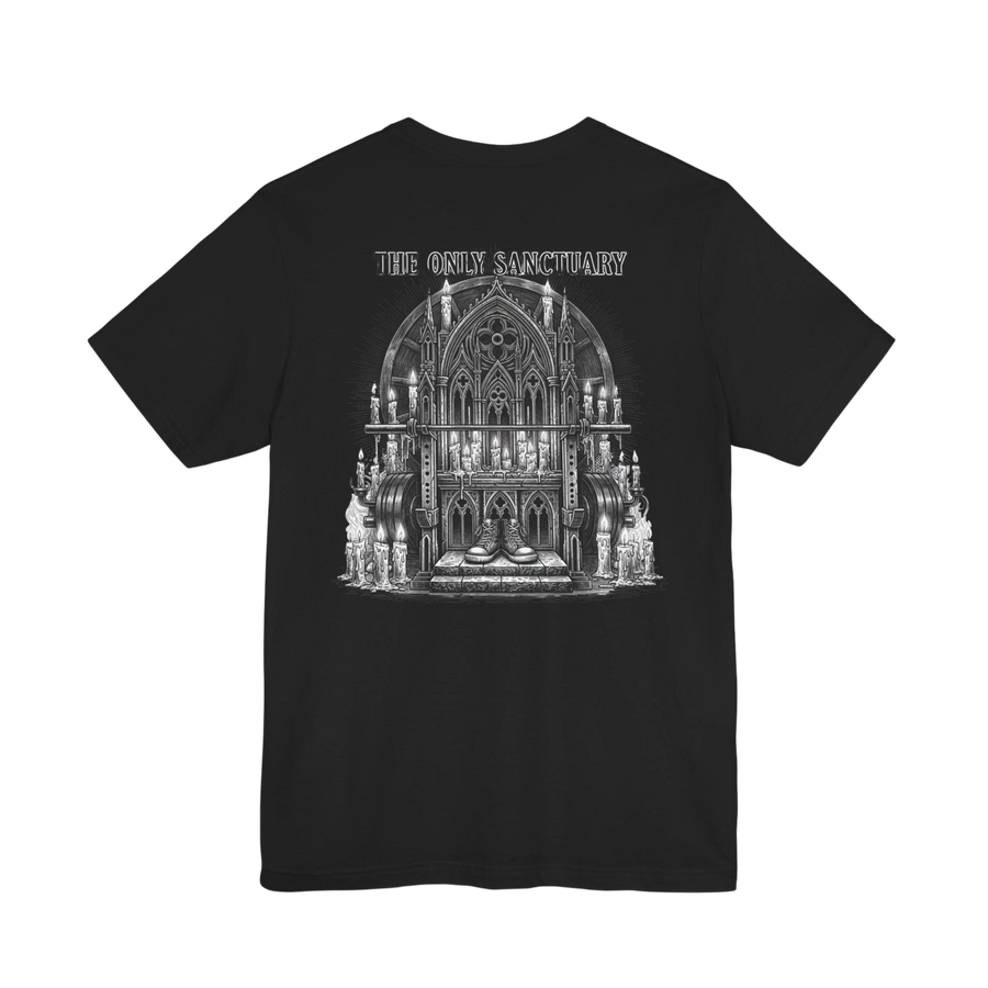 DailyThreadCo. black 100% cotton t-shirt with 'The Only Sanctuary' Gothic church graphic print on back.