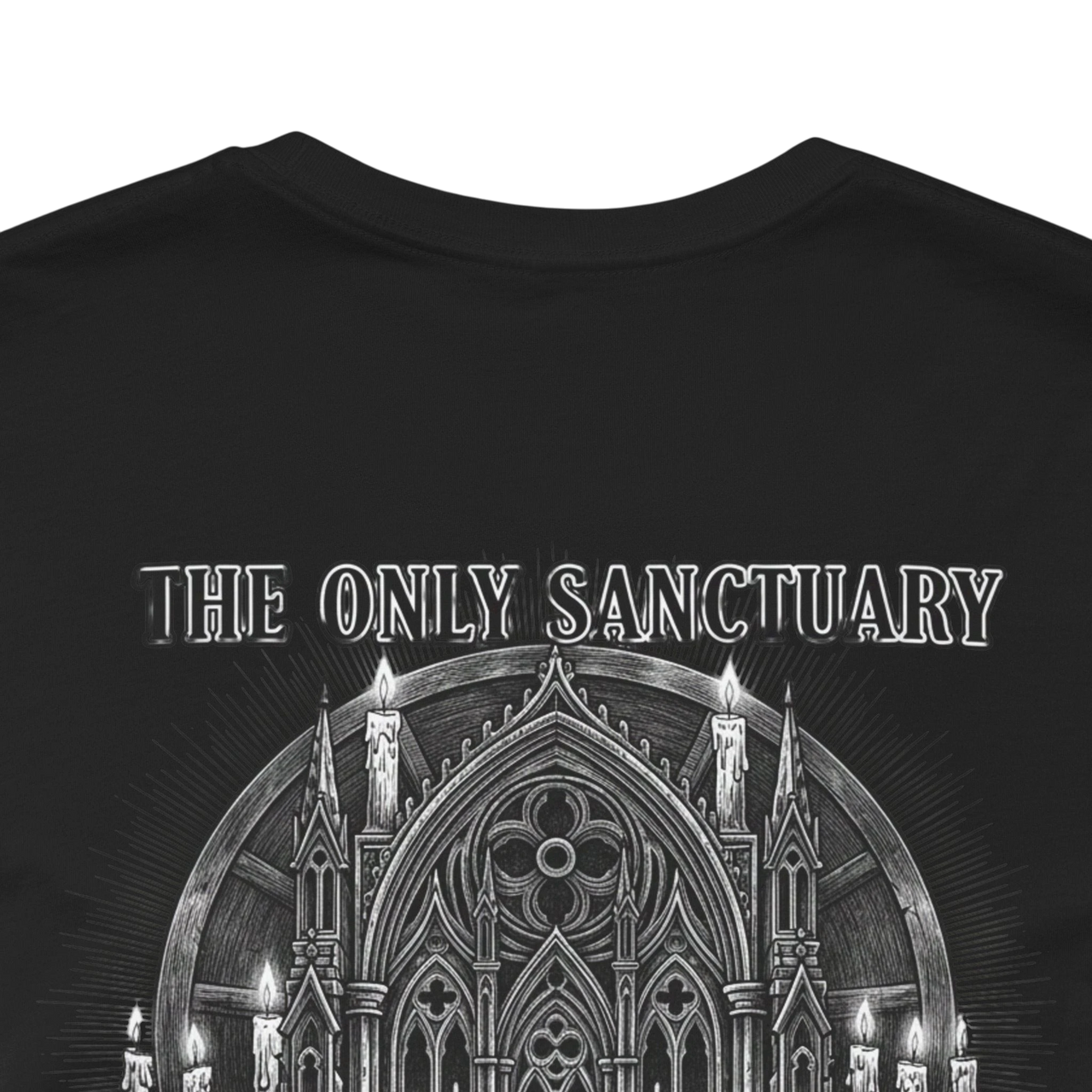 DailyThreadCo. black 100% cotton t-shirt with 'The Only Sanctuary' Gothic church graphic print on back.