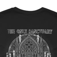 DailyThreadCo. black 100% cotton t-shirt with 'The Only Sanctuary' Gothic church graphic print on back.