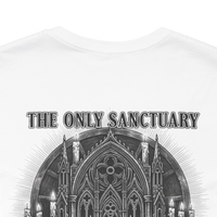DailyThreadCo. white 100% cotton t-shirt with 'The Only Sanctuary' gothic church graphic print on back.