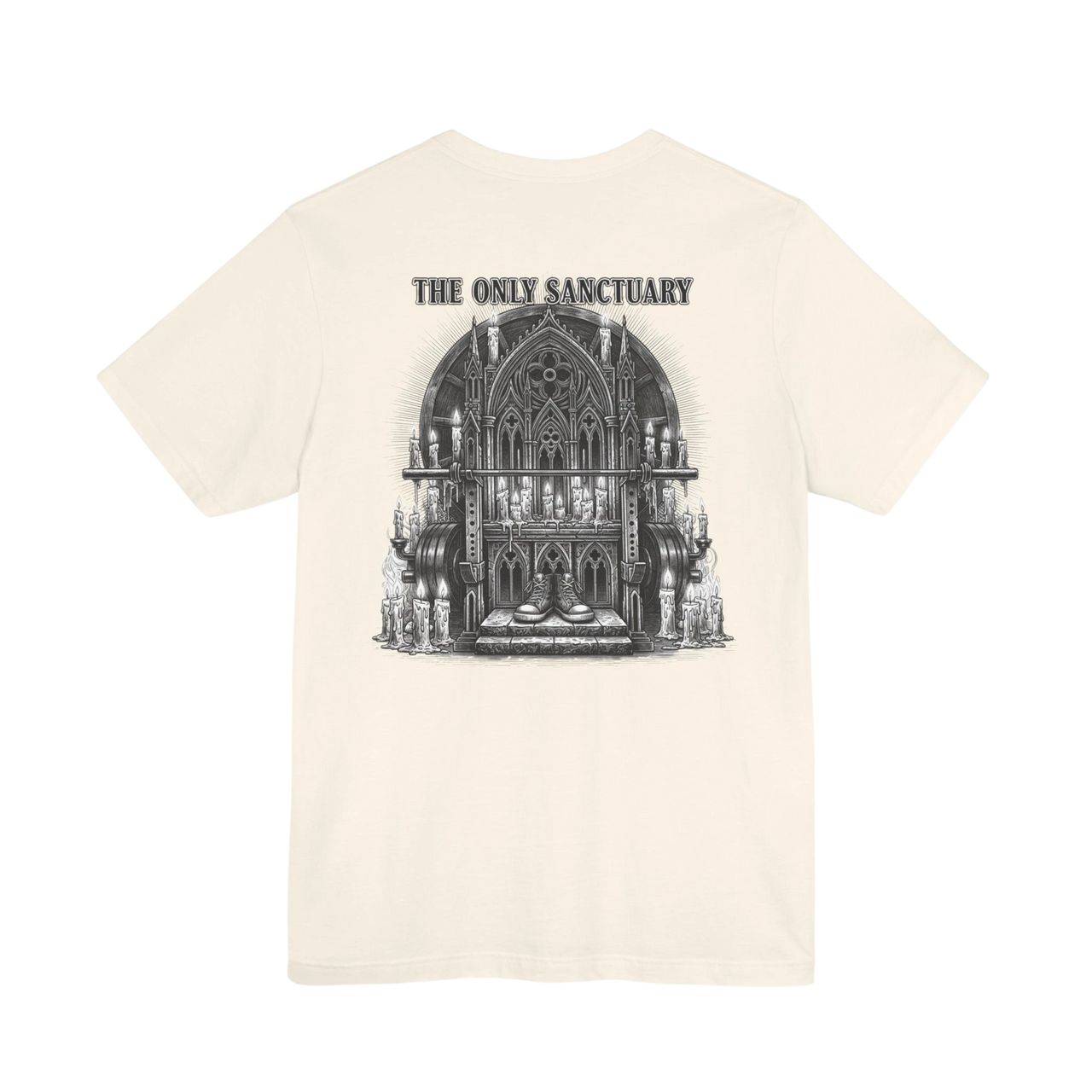 DailyThreadCo. cream 100% cotton t-shirt with 'The Only Sanctuary' Gothic church graphic print on back.