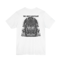 DailyThreadCo. white 100% cotton t-shirt with a detailed gothic church graphic and 'The Only Sanctuary' text on the back.