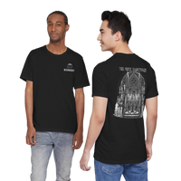 DailyThreadCo. black 100% cotton t-shirt with 'The Only Sanctuary' Gothic church graphic on back and small chest logo.