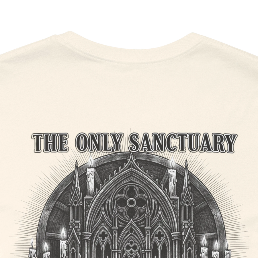 DailyThreadCo. cream 100% cotton graphic t-shirt with 'The Only Sanctuary' gothic church back print and small chest mark.