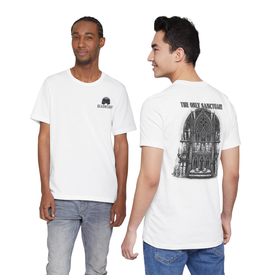 DailyThreadCo. white 100% cotton graphic t-shirt with a large Gothic church print on the back and a small chest logo.