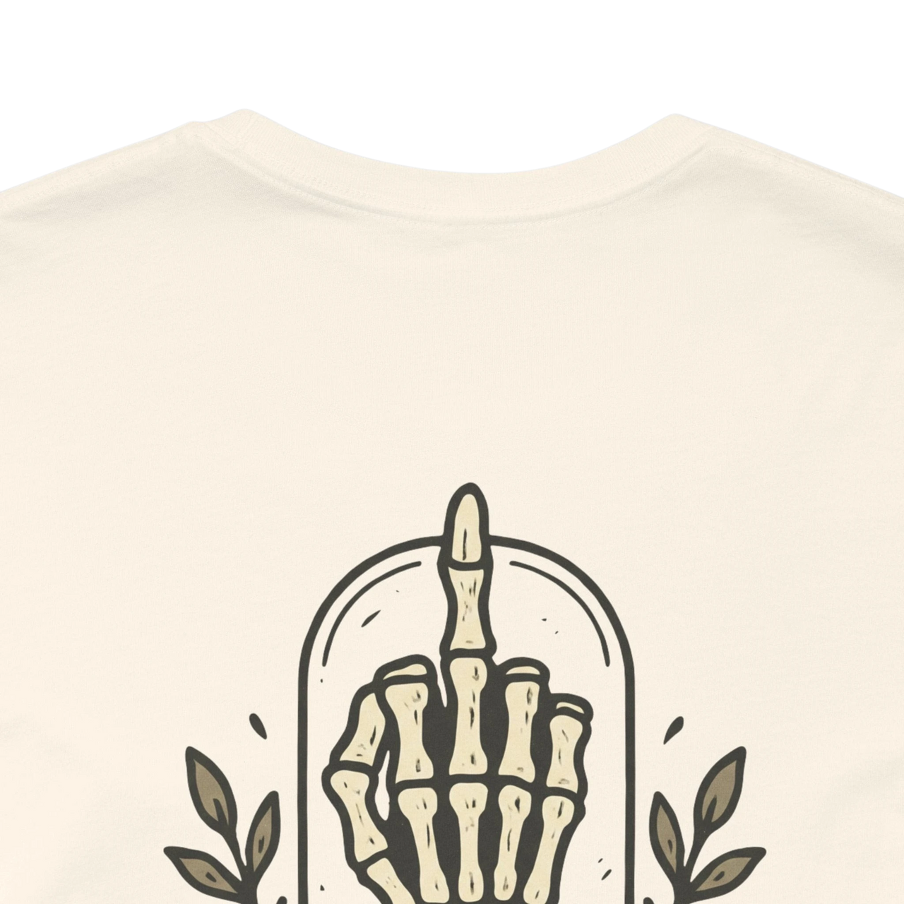 DailyThreadCo. cream 100% cotton t-shirt with a gothic skeleton hand graphic on the back and a small chest emblem.