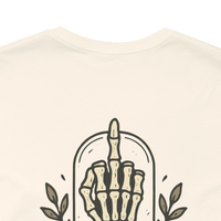 DailyThreadCo. cream 100% cotton t-shirt with a gothic skeleton hand graphic on the back and a small chest emblem.