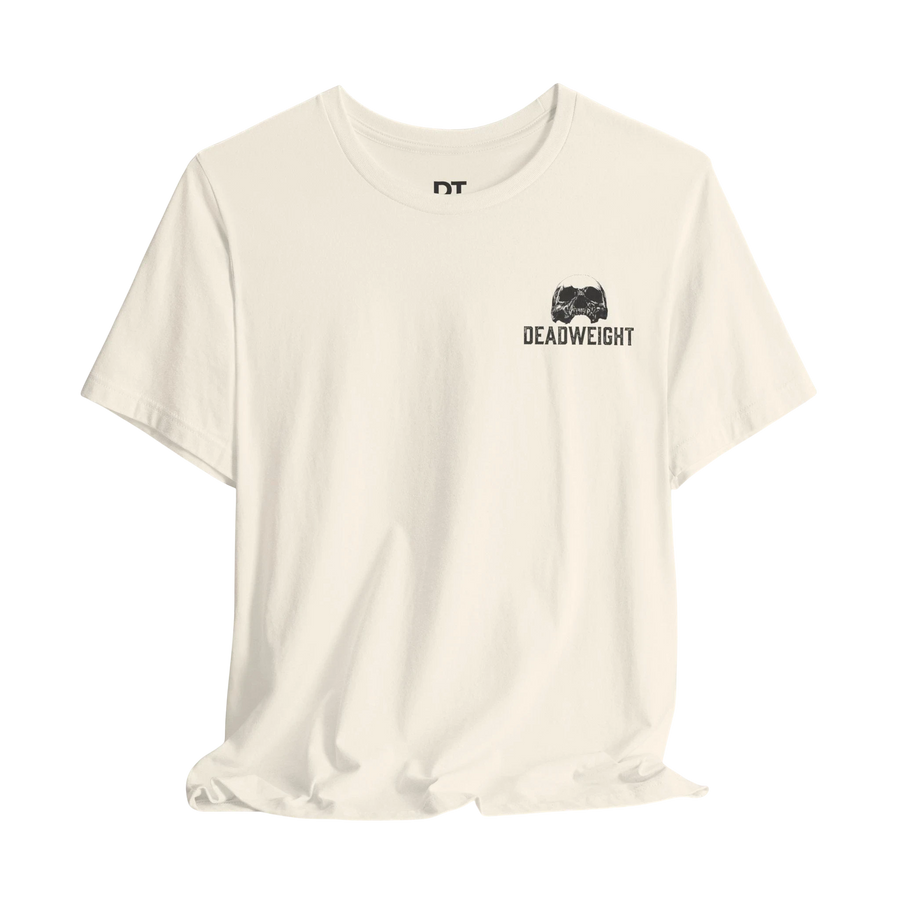 DailyThreadCo. cream 100% cotton graphic tee with 'Deadweight' skull logo on chest and bold back text.