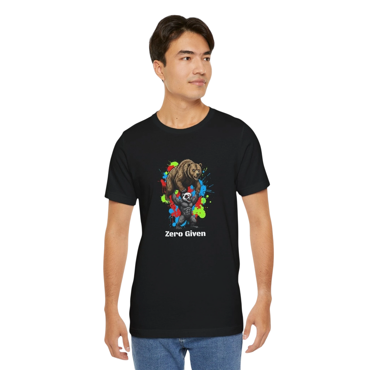 DailyThreadCo black 100% cotton t-shirt with 'Zero Given' graphic of a honey badger lifting a bear, set against colorful paint splatters.