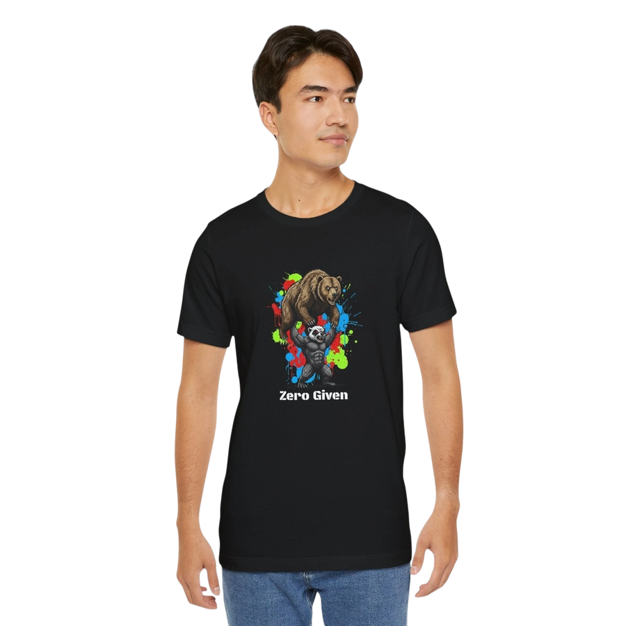 DailyThreadCo black 100% cotton t-shirt with 'Zero Given' graphic of a honey badger lifting a bear, set against colorful paint splatters.