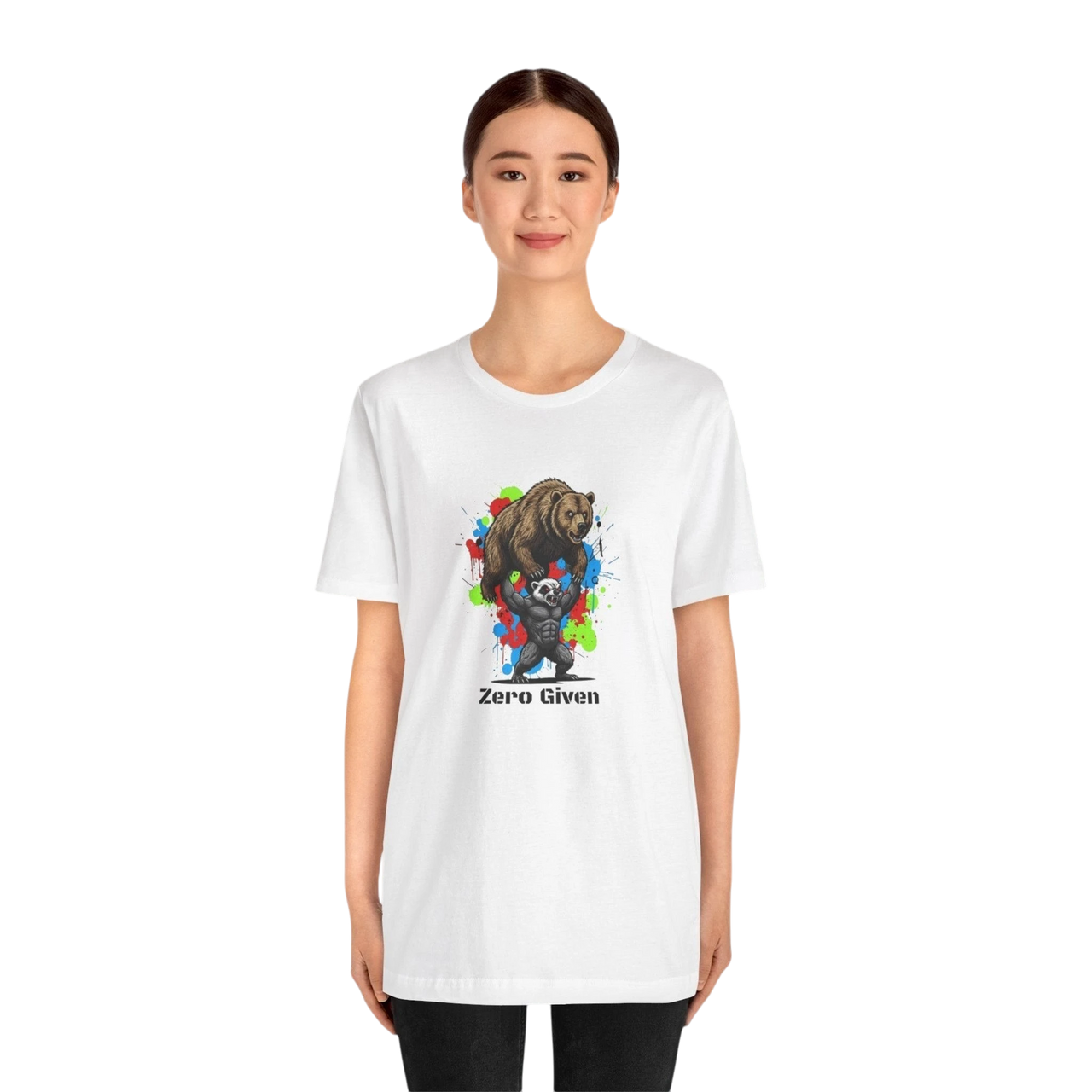 DailyThreadCo white 100% cotton t-shirt with 'Zero Given' graphic of a honey badger lifting a bear, set against colorful paint splashes.