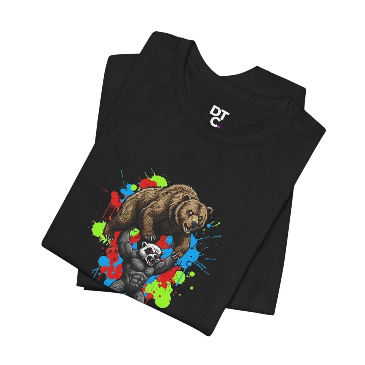 DailyThreadCo black 100% cotton t-shirt with a graphic of a honey badger lifting a bear, set against a colorful paint splash background.