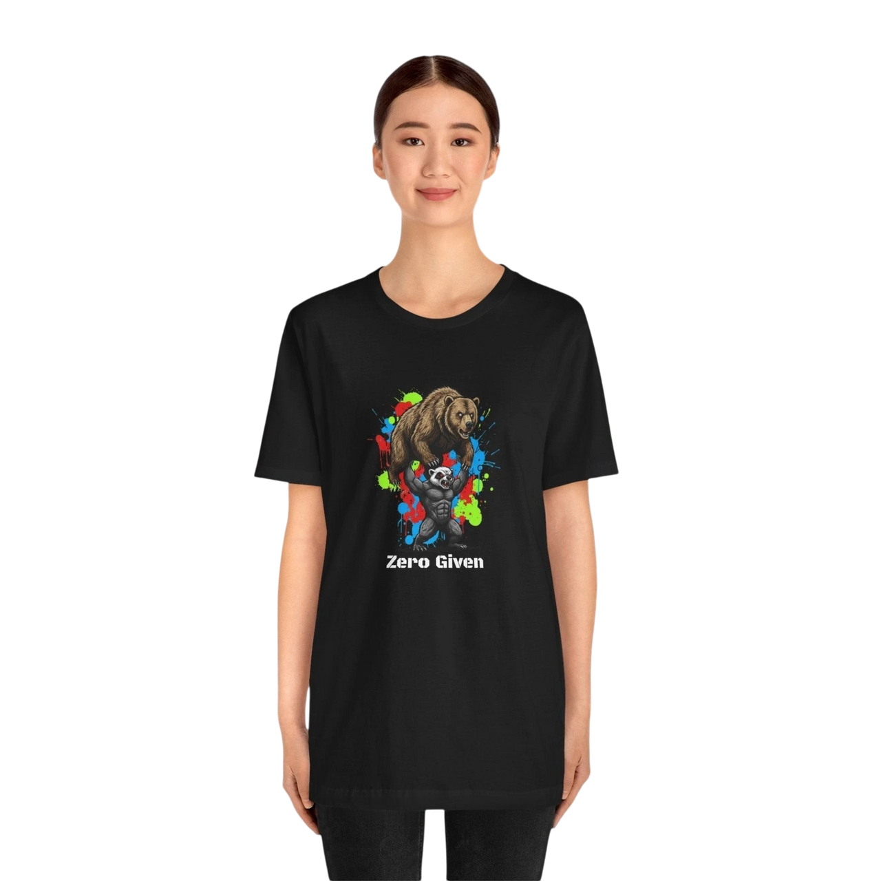 DailyThreadCo black 100% cotton t-shirt with 'Zero Given' graphic of a honey badger lifting a bear, set against colorful paint splashes.