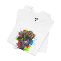 DailyThreadCo white 100% cotton t-shirt with a graphic of a honey badger lifting a bear, set against a colorful paint splash background.