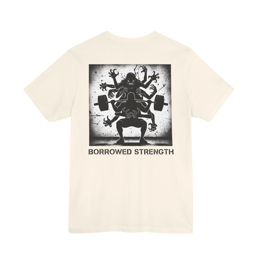 DailyThreadCo. cream cotton t-shirt with a graphic back print of a multi-armed creature assisting a weightlifter with a barbell.