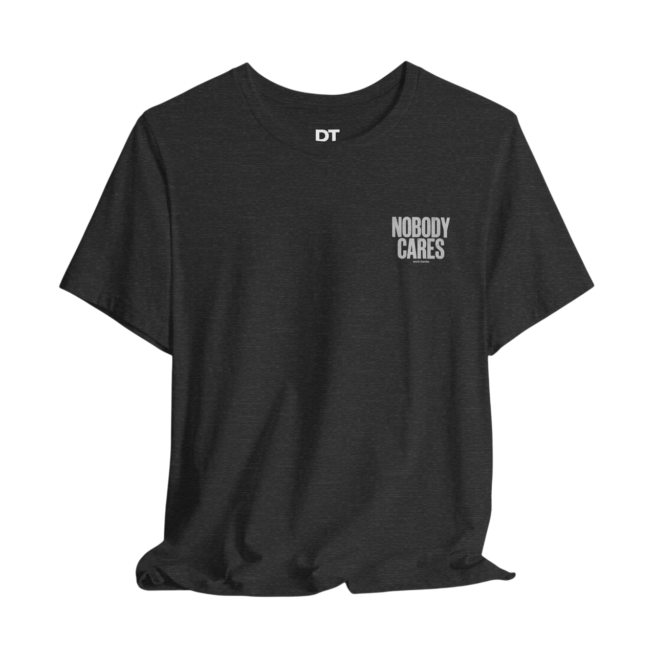 DailyThreadCo. dark grey cotton t-shirt with "Nobody Cares" graphic and DT logo.