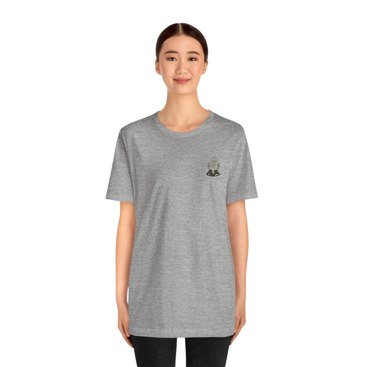 DailyThreadCo. grey 100% cotton t-shirt with a small gothic skeleton hand graphic on the chest.