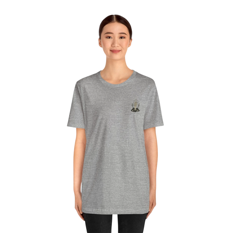DailyThreadCo. grey 100% cotton t-shirt with a small gothic skeleton hand graphic on the chest.