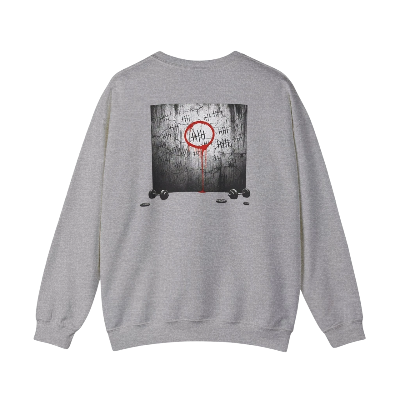 DailyThreadCo. grey crewneck sweatshirt with a graphic of tally marks on a wall, a red circle, and dripping blood. Dumbbells and weights are at the bottom.
