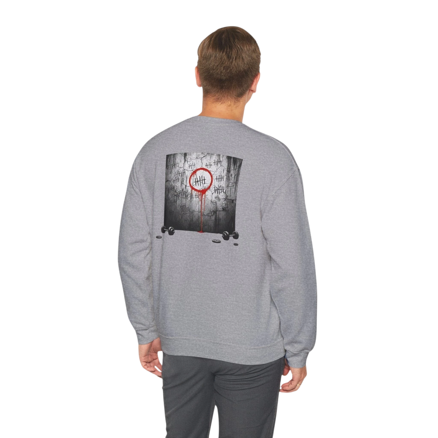 DailyThreadCo. grey crewneck sweatshirt with a graphic on the back featuring tally marks and a red circle. Cotton-blend fabric.