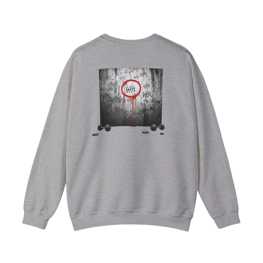 DailyThreadCo. grey crewneck sweatshirt with a graphic of tally marks on a wall, a red circle, and dripping blood. Dumbbells and weights are at the bottom.