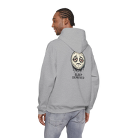 DailyThreadCo. grey 50/50 cotton-poly fleece hoodie with a dripping moon graphic and 