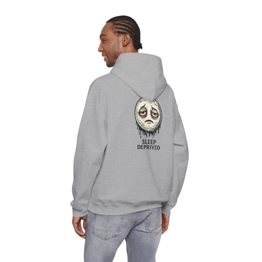 DailyThreadCo. grey 50/50 cotton-poly fleece hoodie with a dripping moon graphic and "SLEEP DEPRIVED" text on the back.
