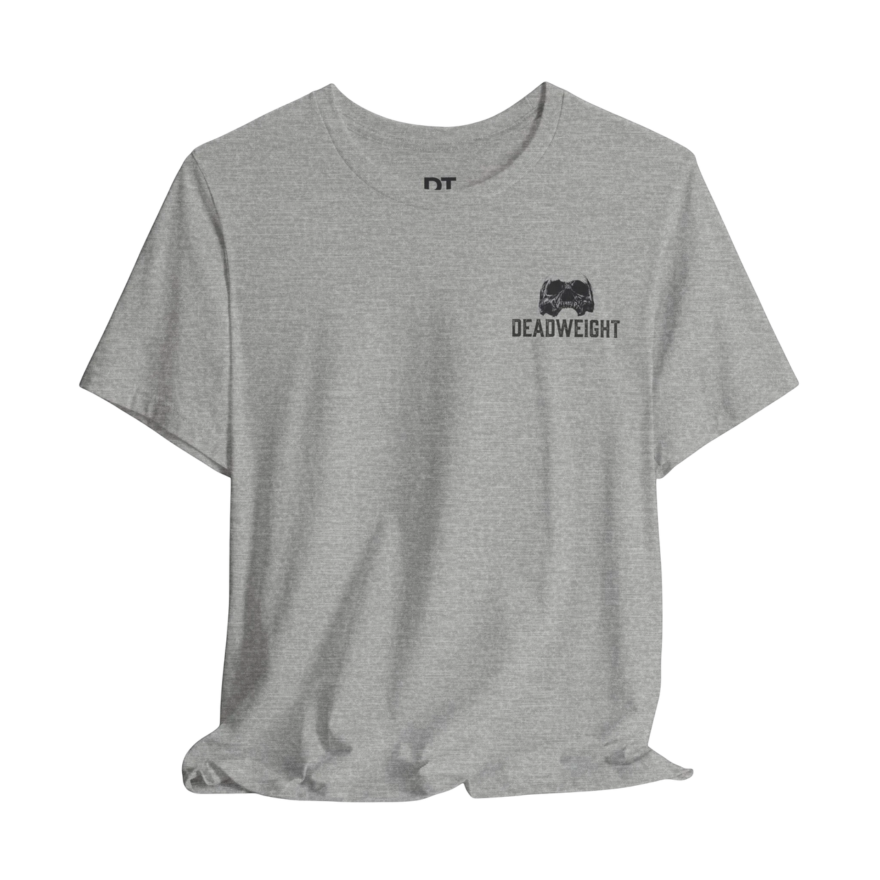DailyThreadCo. grey cotton graphic gym tee with 'Deadweight' chest emblem and bold back text.