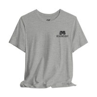DailyThreadCo. grey cotton graphic gym tee with 'Deadweight' chest emblem and bold back text.