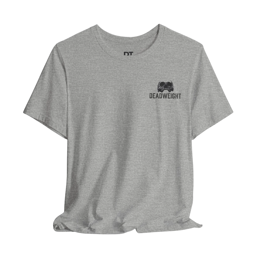 DailyThreadCo. grey cotton graphic gym tee with 'Deadweight' chest emblem and bold back text.