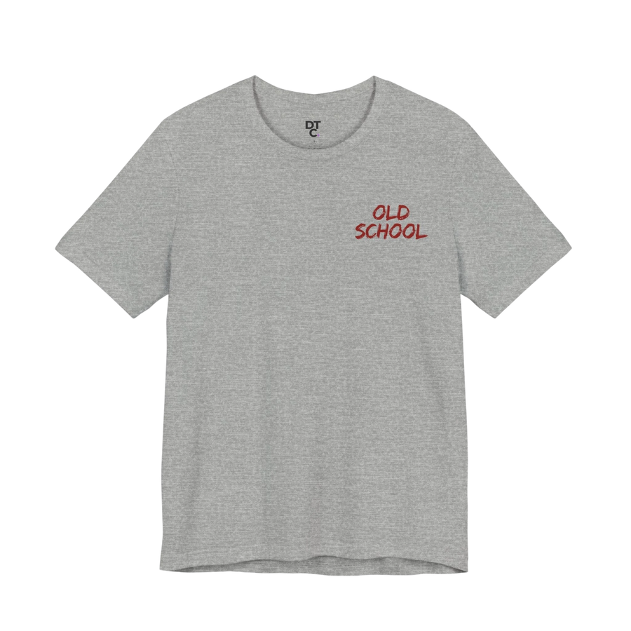DailyThreadCo. grey 100% cotton t-shirt with red 'OLD SCHOOL' graphic on chest and crew neck.