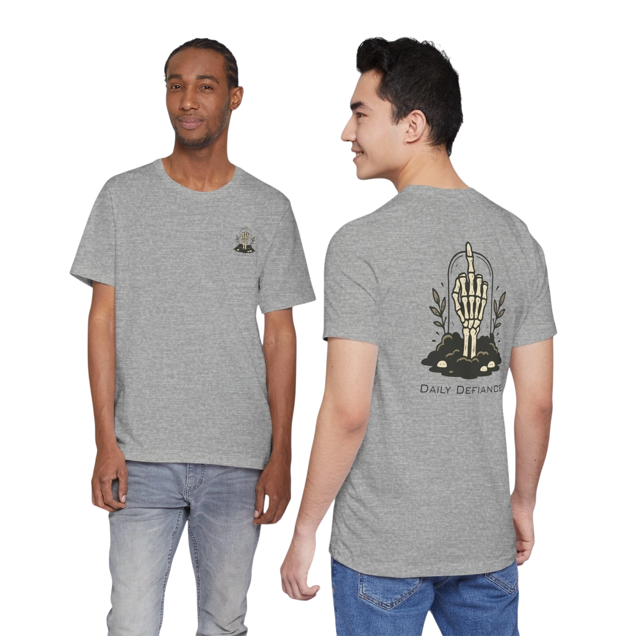 DailyThreadCo. grey 100% cotton t-shirt with skeleton hand graphic on back and small chest emblem.